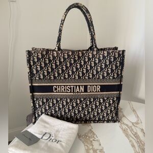 Dior Large Book Tote Bag Oblique Embroidery Navy Blue & Beige